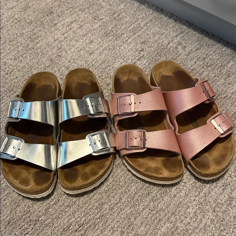 Womens/kids Birkenstocks Metallic Silver and Pink Sandals